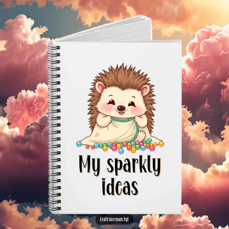 Funny hedgehog notebook with a cheerful face, carefully arranging sparkling beads onto a piece of cloth, ideal for journaling.