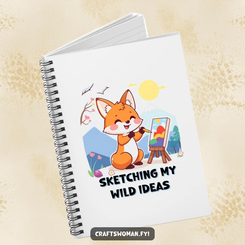 Funny notebook with a happy fox character enthusiastically painting a colorful landscape, perfect for sketching creative ideas.