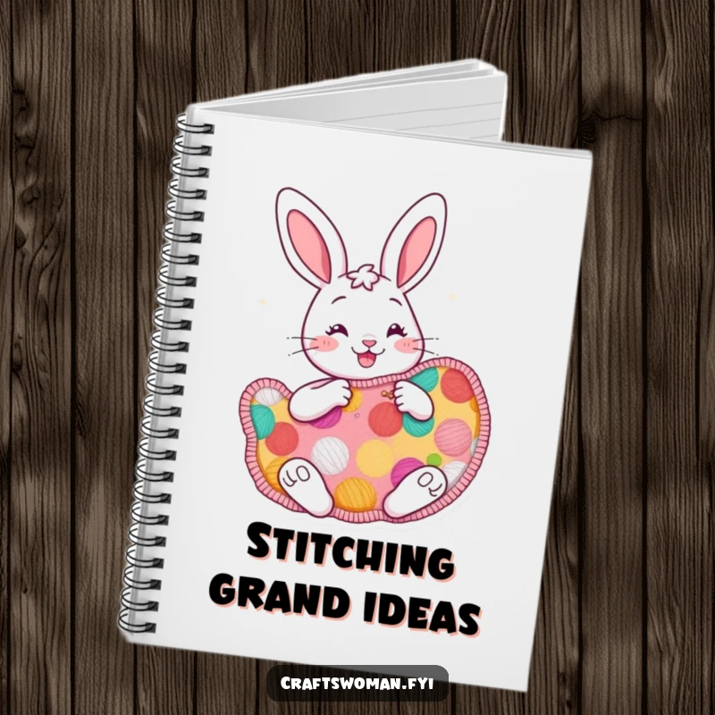 Funny cheerful bunny notebook cover with a bunny enthusiastically sewing a large, colorful patch, ideal for notes and creative planning.