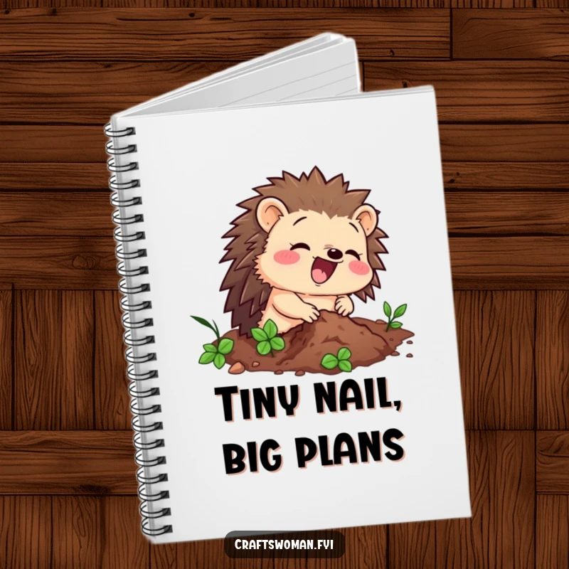 Funny notebook with a delighted hedgehog character enthusiastically hammering a tiny nail, perfect for planning DIY projects.