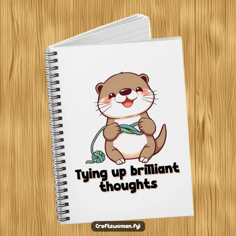 Funny otter notebook with a smiling character knotting colorful yarn into a playful design, great for project notes.