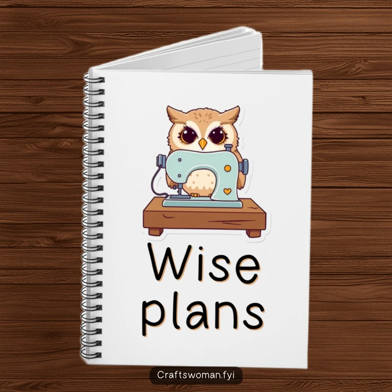 Funny notebook cover with a curious owl operating a miniature sewing machine, perfect for design sketches.