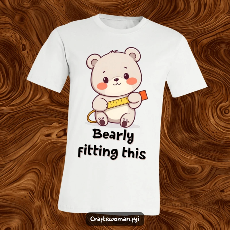 Funny bear with a tape measure, focused and determined, printed on a t-shirt, ideal for handymen and builders.