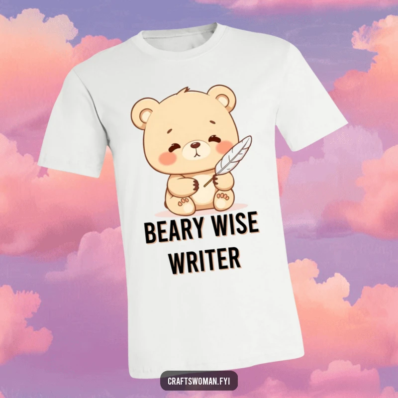 Funny bear t-shirt featuring a contented character diligently writing with a delicate feather quill, celebrating the art of storytelling.