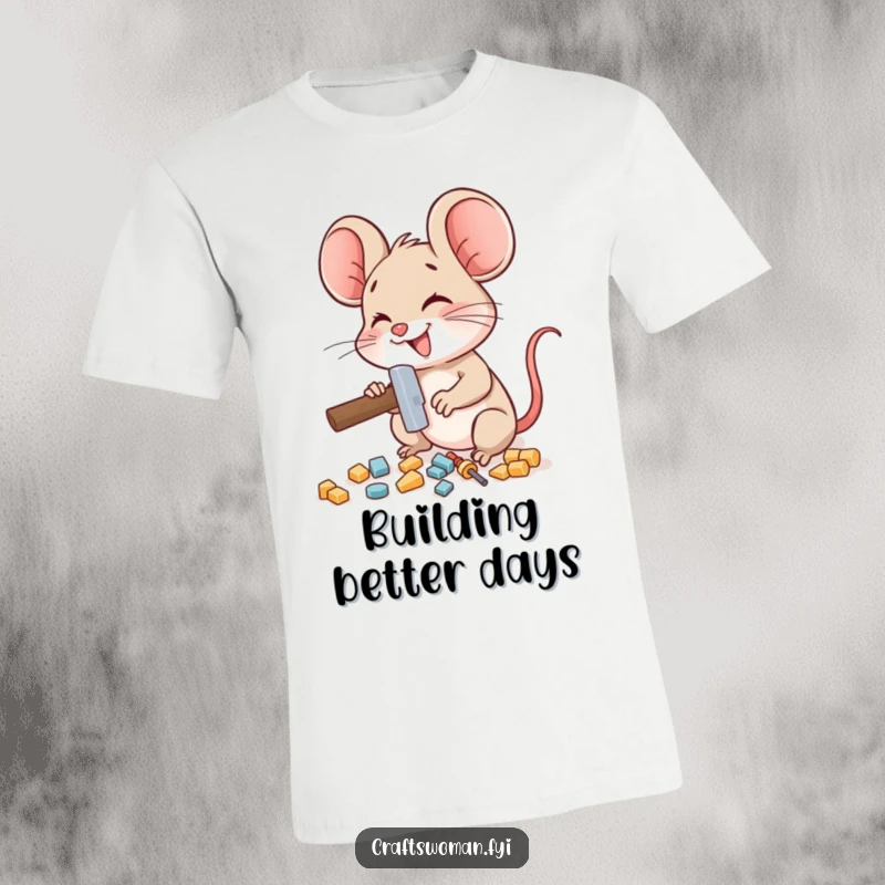 Funny mouse t-shirt with a delighted mouse character using a miniature hammer to assemble small pieces, ideal for builders.