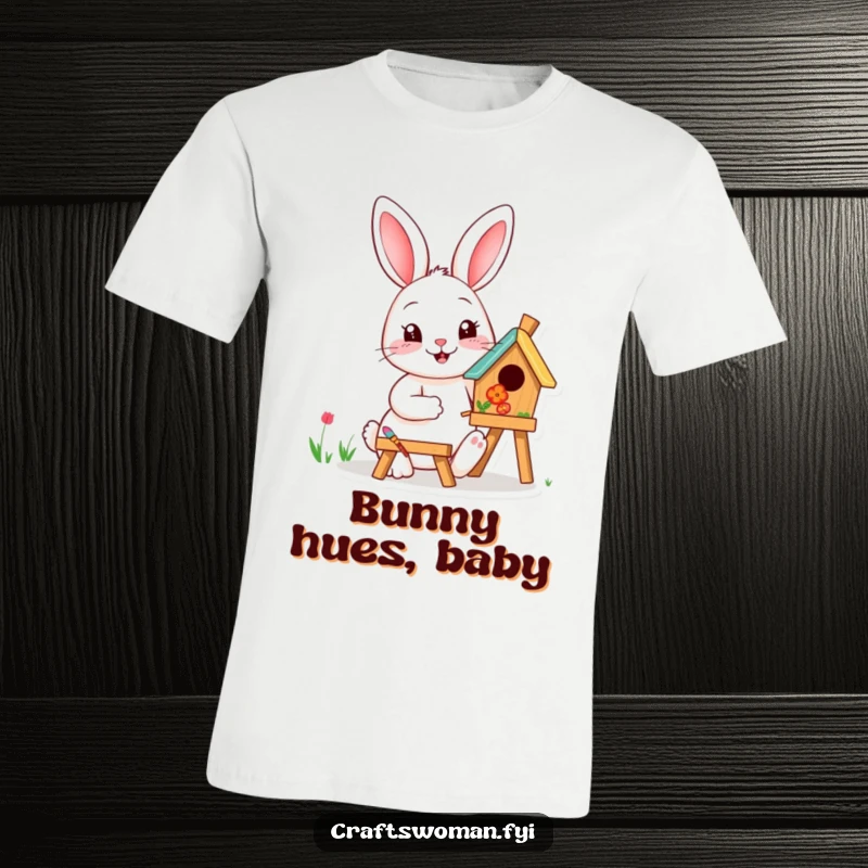 Funny happy rabbit painting a small wooden birdhouse with vibrant colors on a t-shirt, showcasing artistic joy.