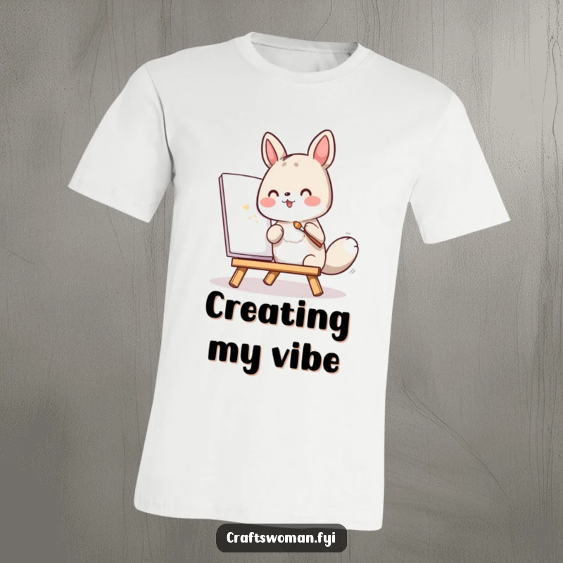 Funny t-shirt depicting an energetic animal character engrossed in painting a small canvas with a miniature brush.