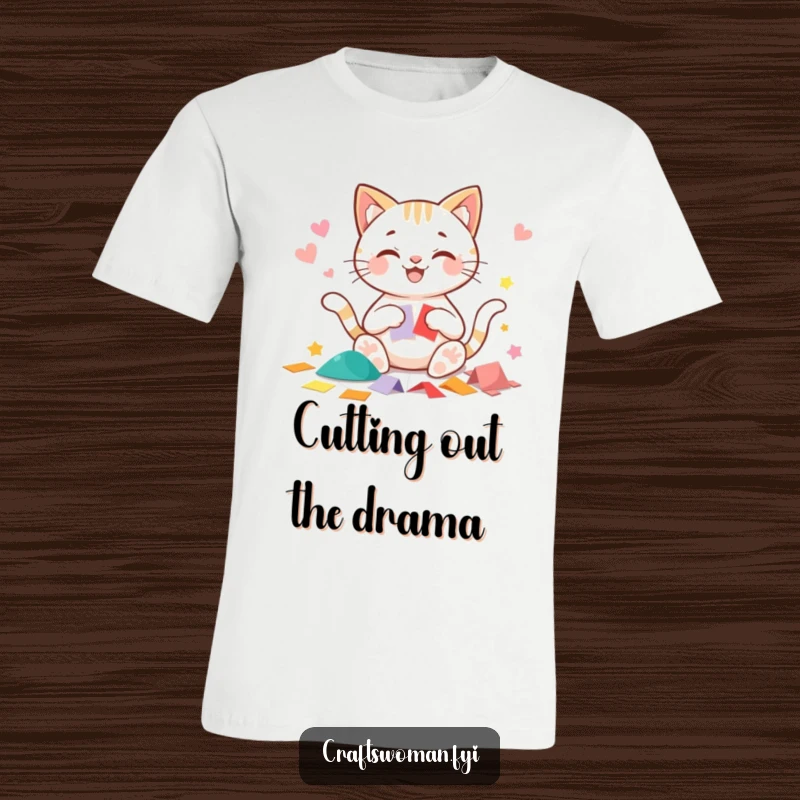 Funny cat t-shirt with a beaming cat character happily cutting precise shapes from colorful paper, ideal for crafters.