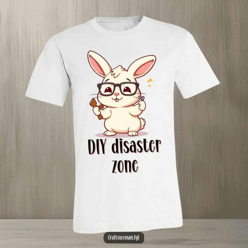 Funny Rabbit Carpenter T-Shirt: A Perky Bunny with Askew Glasses Enthusiastically Hammering a Nail, Great for DIY Fans.