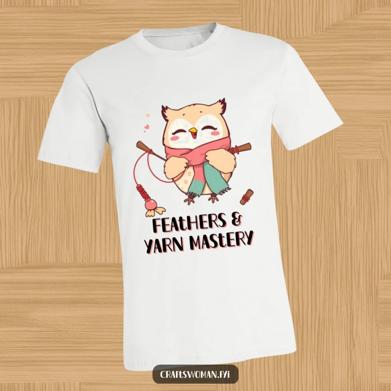 Funny t-shirt featuring a cute owl character excitedly weaving a scarf with oversized needles, a humorous gift for knitters.