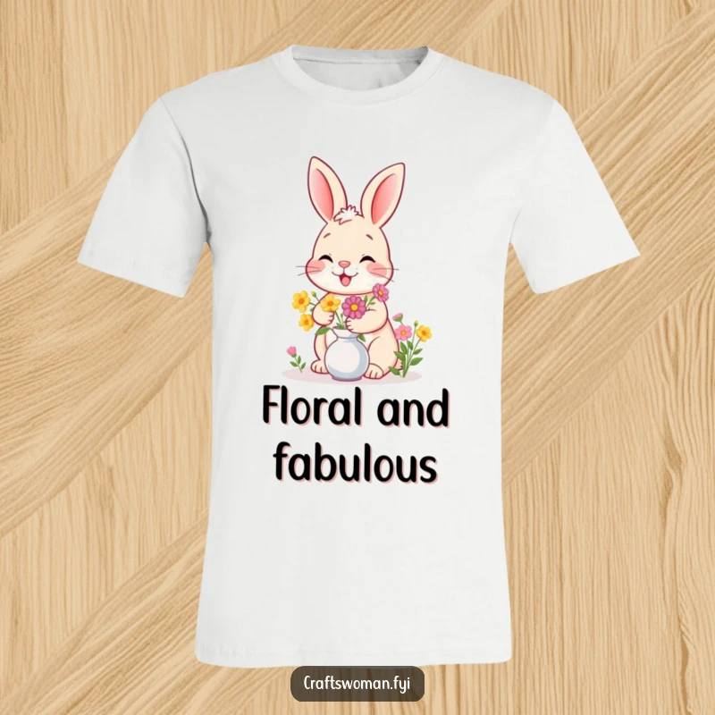 Funny bunny t-shirt graphic of a giggling bunny arranging a bouquet of flowers in a vase with elegance.