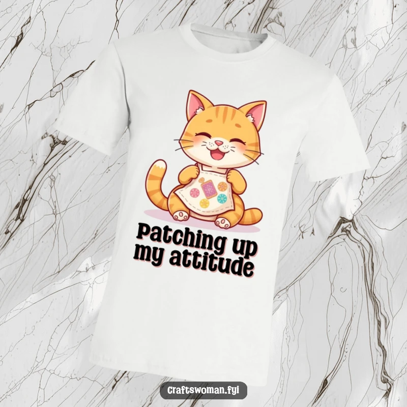 Funny Cat Apron T-Shirt: A happy cat wearing a small apron joyfully stitches a vibrant patch, showcasing its crafting happiness.