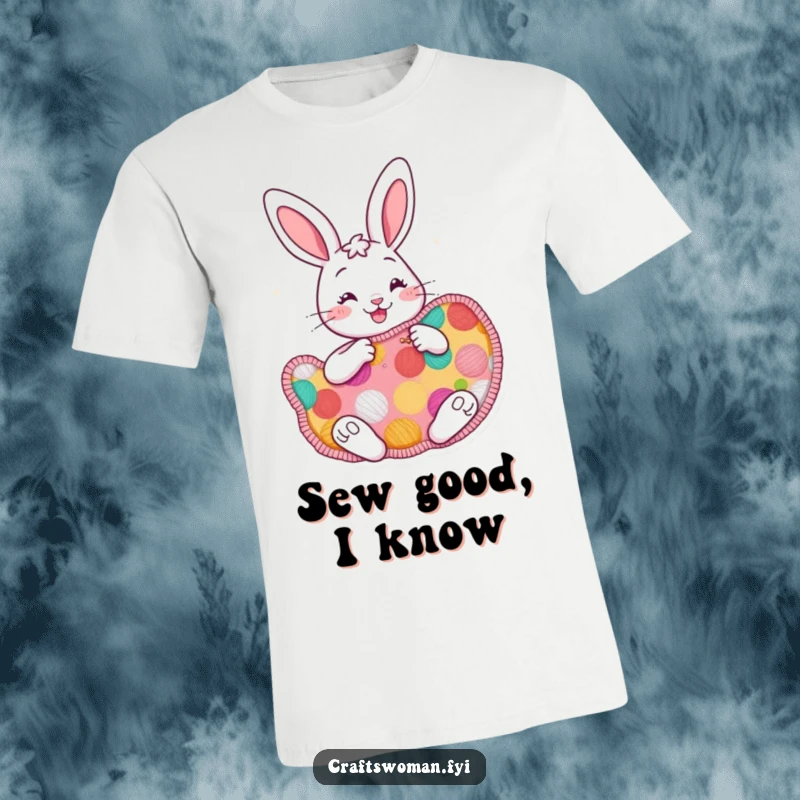 Funny cheerful bunny t-shirt with a bunny enthusiastically sewing a large, colorful patch, celebrating creativity and handmade projects.