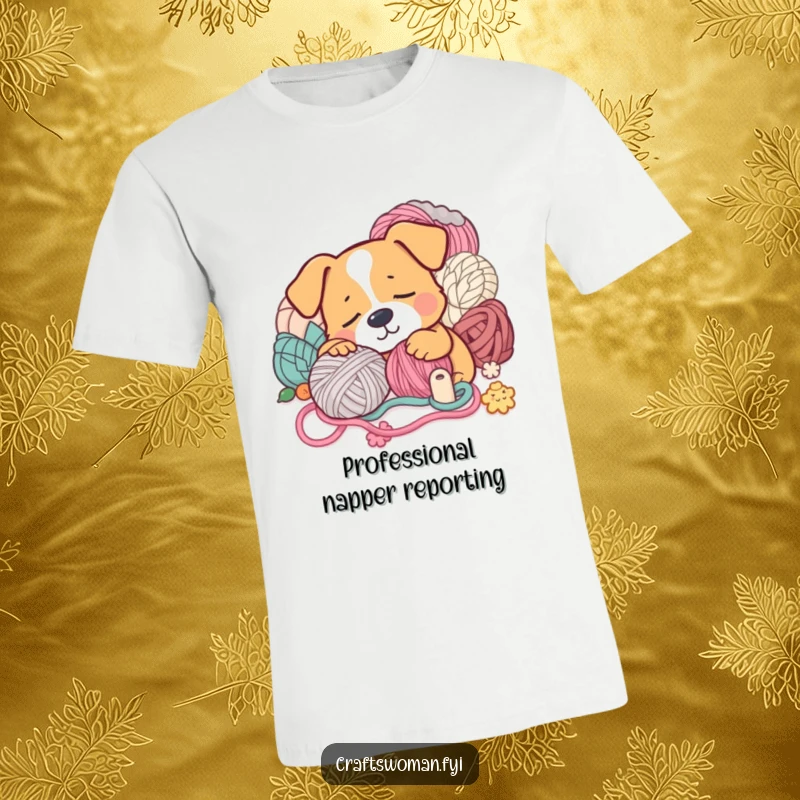 Funny T-Shirt: A sleepy dog snoozes with yarn and crafts, a humorous design for crafters and pet lovers.