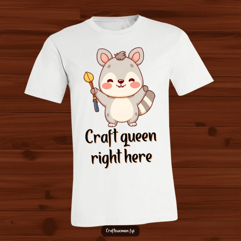Funny t-shirt with a cheerful animal character holding up a colorful, finished craft with immense pride and joy.
