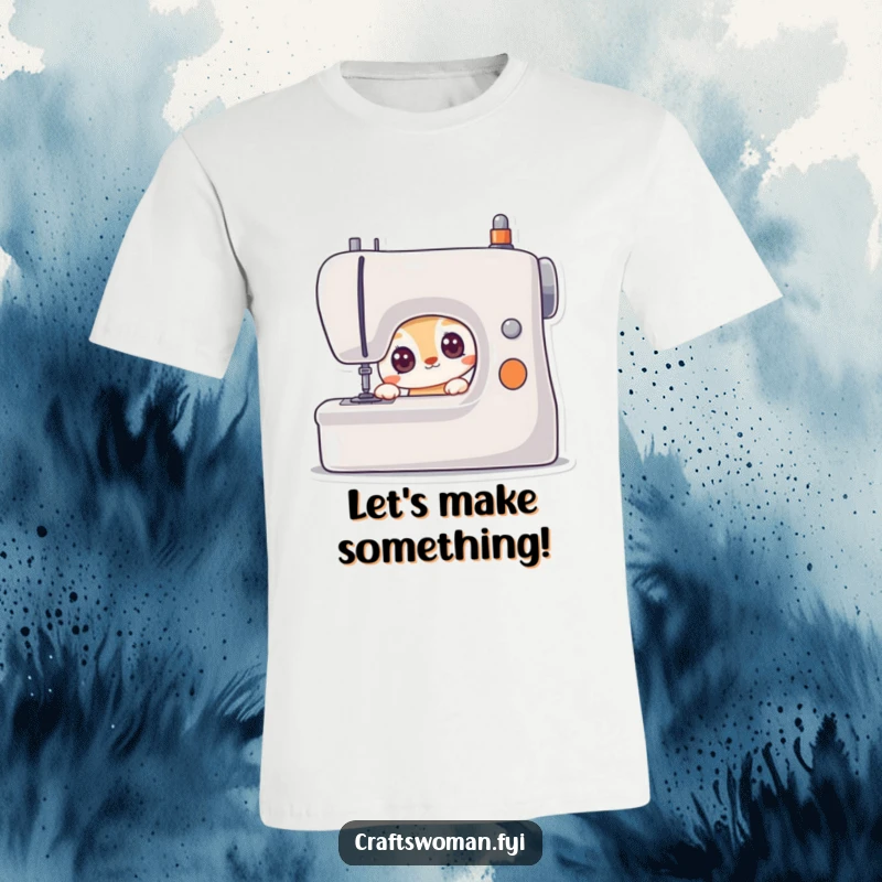 Funny t-shirt depicting a curious animal character gazing intently with wide, eager eyes at a sewing machine.