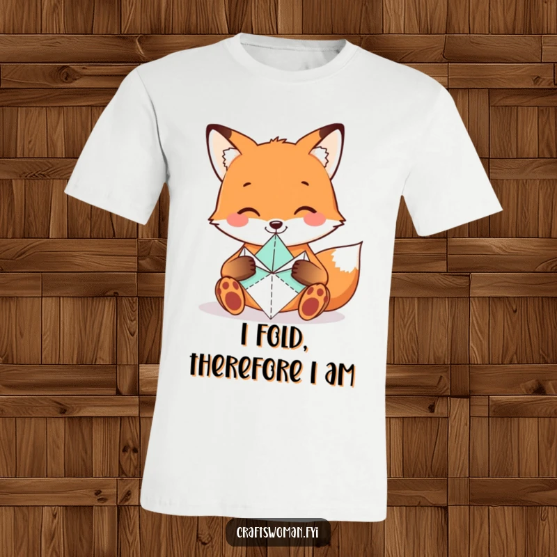 Funny Fox T-Shirt depicting a smiling fox skillfully folding origami shapes with tiny paws, ideal for art lovers.