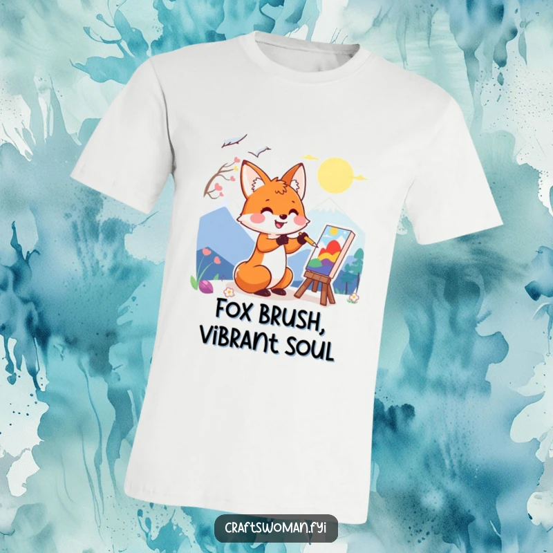 Funny t-shirt with a happy fox character enthusiastically painting a colorful landscape, a humorous gift for artists.