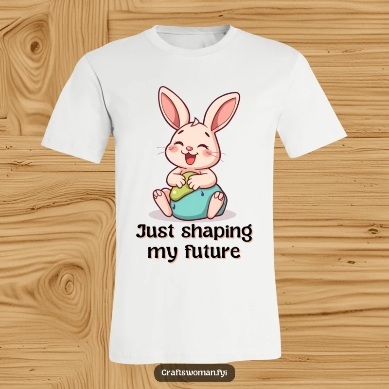 Funny rabbit t-shirt with a gleeful bunny artist sculpting a whimsical clay shape, designed for humor and comfort.