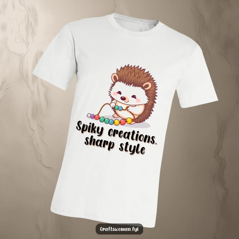 Funny t-shirt depicting a focused hedgehog meticulously arranging colorful beads onto a string with delicate care and concentration.