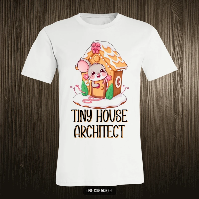 Funny mouse t-shirt featuring a giggling character meticulously decorating a charming gingerbread house with colorful icing and candy.