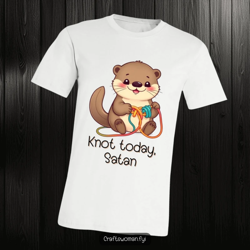 Funny otter wearing a smile, busy knotting colorful yarn into a playful design on a comfortable t-shirt.
