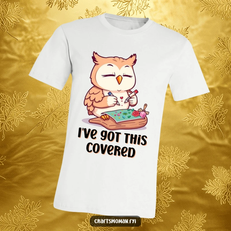 Funny owl t-shirt with a content owl meticulously gluing decorative elements onto a craft project, ideal for crafters.