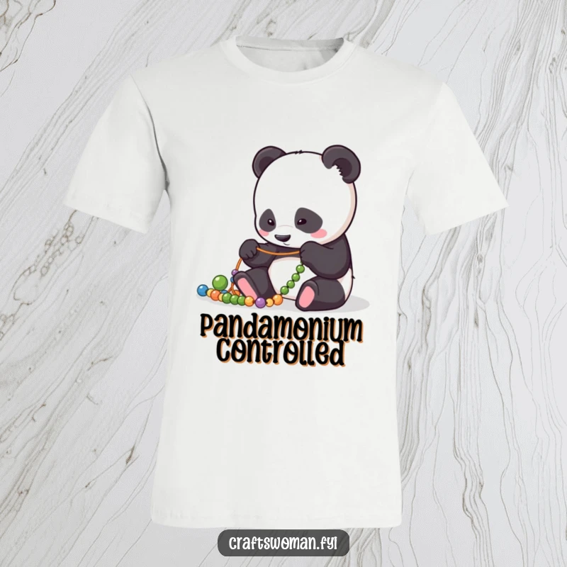 Funny T-Shirt: Focused panda character meticulously placing beads onto a string, showcasing patience and skill.