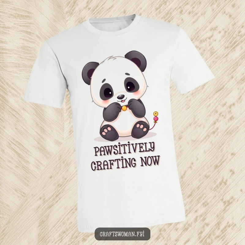 Funny t-shirt featuring a playful panda carefully placing small beads onto a string using its dexterous paws.