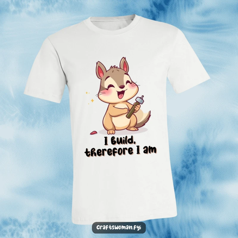 Funny squirrel t-shirt graphic of a smiling squirrel enthusiastically hammering a nail, perfect for craft lovers and nature enthusiasts.