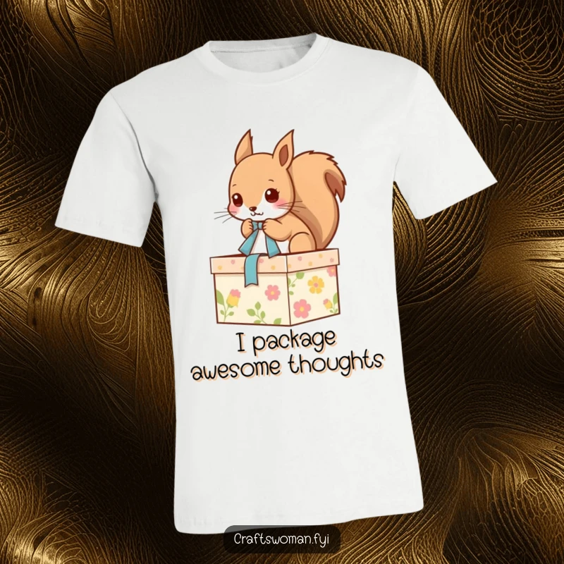 Funny t-shirt with a charming squirrel tying a ribbon on a beautifully decorated gift box, radiating a sense of accomplishment and joy.
