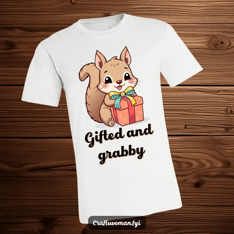 Funny squirrel gift wrapper t-shirt, a cute and excited squirrel wrapping a gift with colorful ribbon and a bow, fun celebration apparel.