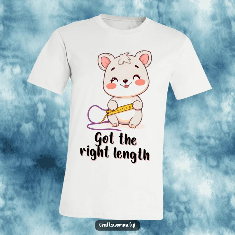 Funny t-shirt depicting a happy animal character attentively measuring a length of yarn with a tailor's measuring tape.