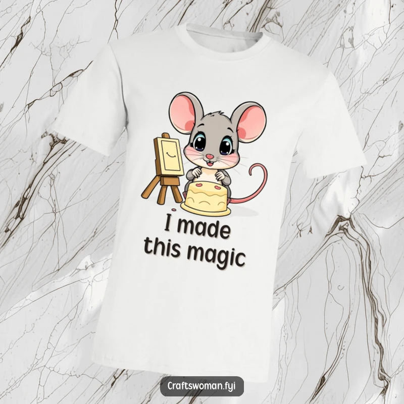 Funny t-shirt with a tiny mouse gazing with wide, astonished eyes at an impressive finished creation, full of wonder.