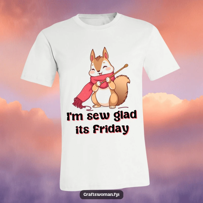 Funny squirrel t-shirt with character happily stitching a vibrant scarf on a large needle, perfect for craft lovers.
