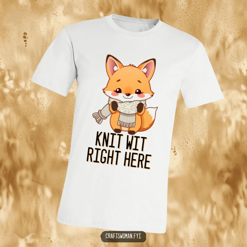 Funny t-shirt featuring a smiling fox proudly holding up a finished, colorful knitted scarf.