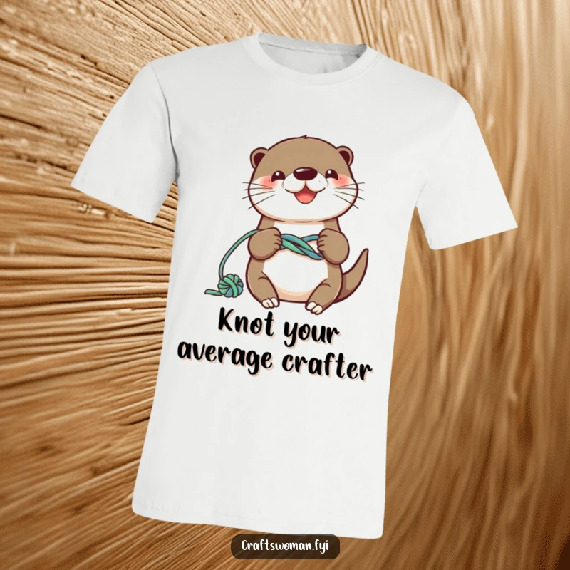 Funny otter t-shirt depicting a smiling character busily knotting colorful yarn into a playful and creative design.