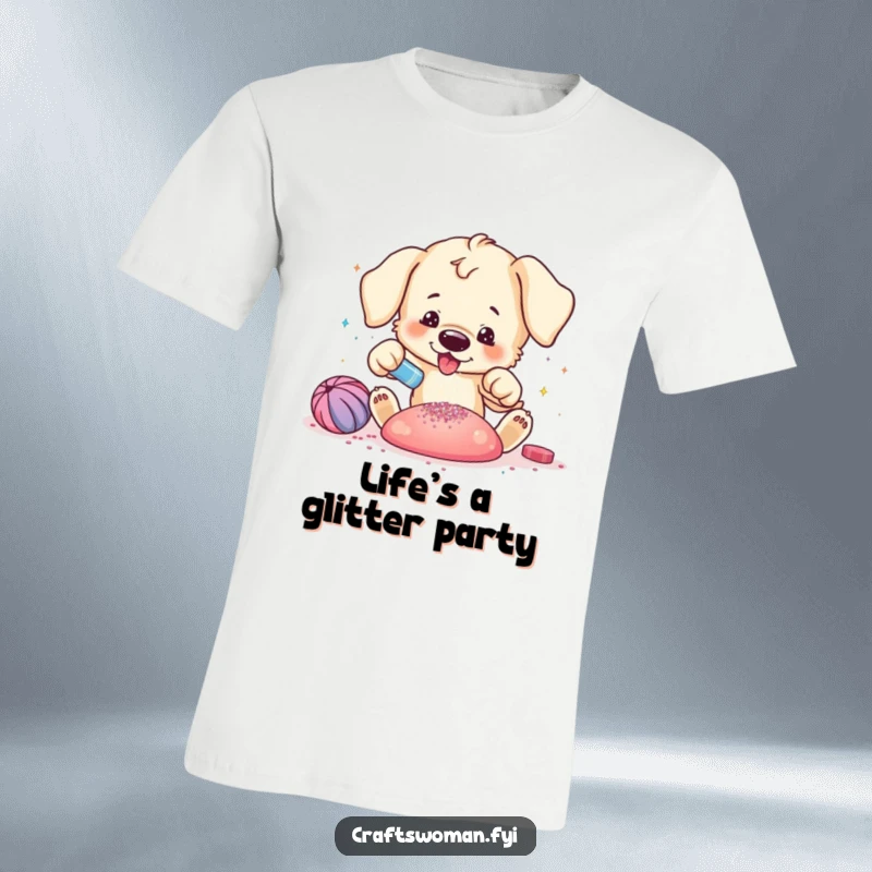 Funny puppy t-shirt with a playful puppy excitedly adding glitter to a vibrant craft creation, ideal for crafters.