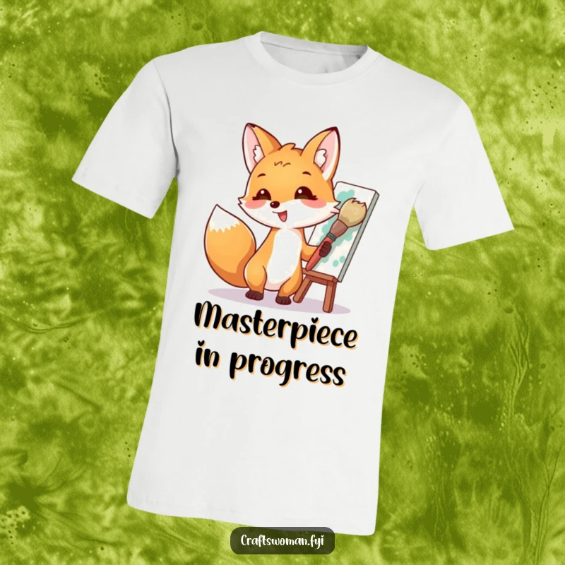 Funny t-shirt with an enthusiastic fox artist painting a vibrant masterpiece with a huge brush, showcasing creative energy and a playful spirit.