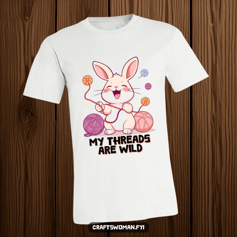 Funny t-shirt depicting a joyful rabbit laughing while juggling multiple colorful balls of yarn, showcasing a passion for crafting and playfulness.