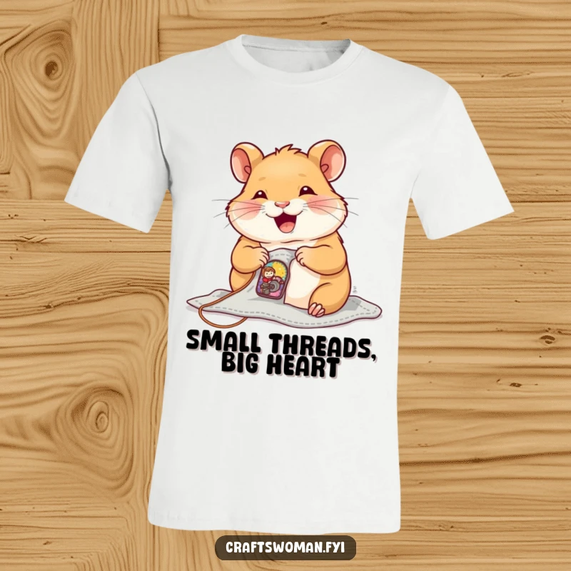 Funny T-Shirt depicting a joyful hamster sewing a tiny, colorful patch onto a small piece of clothing.