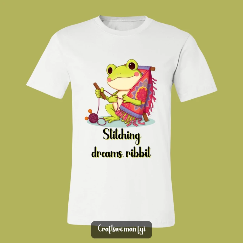 Funny Frog Stitcher T-Shirt: Cheerful Character's Tapestry Art - Comfy & Humorous
