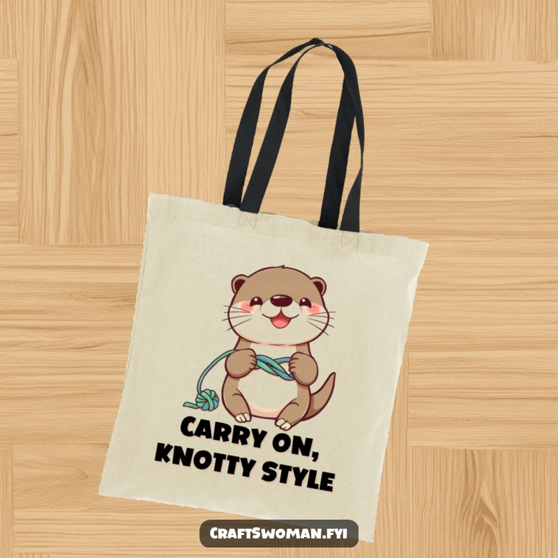 Funny otter tote bag showing a smiling character busily knotting colorful yarn into a playful design, perfect for crafters.