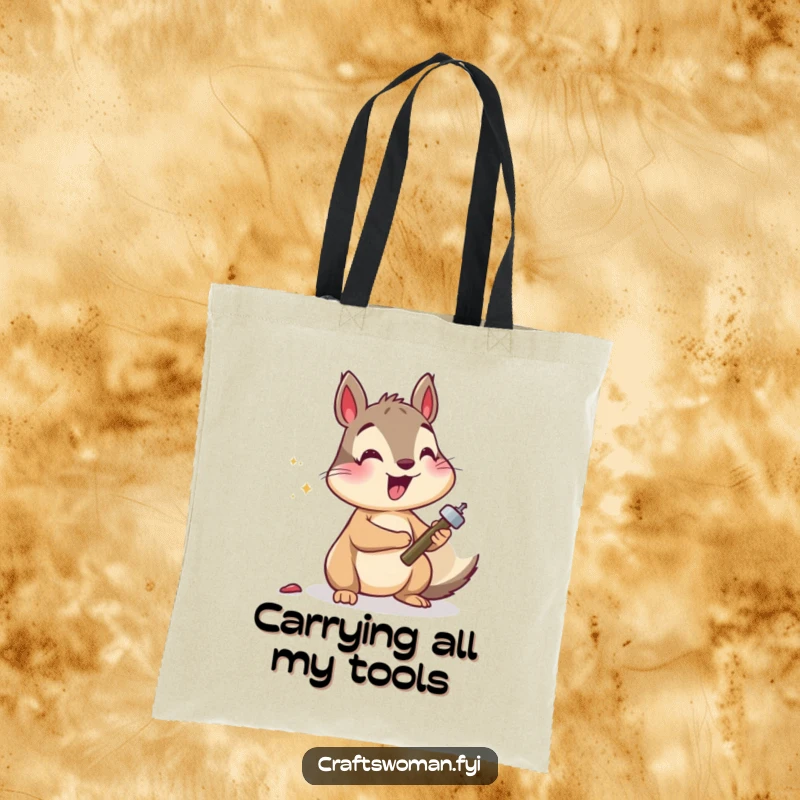 Funny squirrel tote bag illustrating a cheerful squirrel hammering a tiny nail, ideal for carrying groceries or craft supplies.