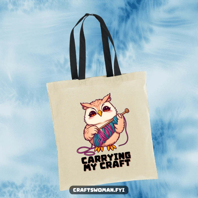 Funny Owl Tote Bag with a joyful owl threading yarn, perfect for carrying craft supplies with humorous flair.