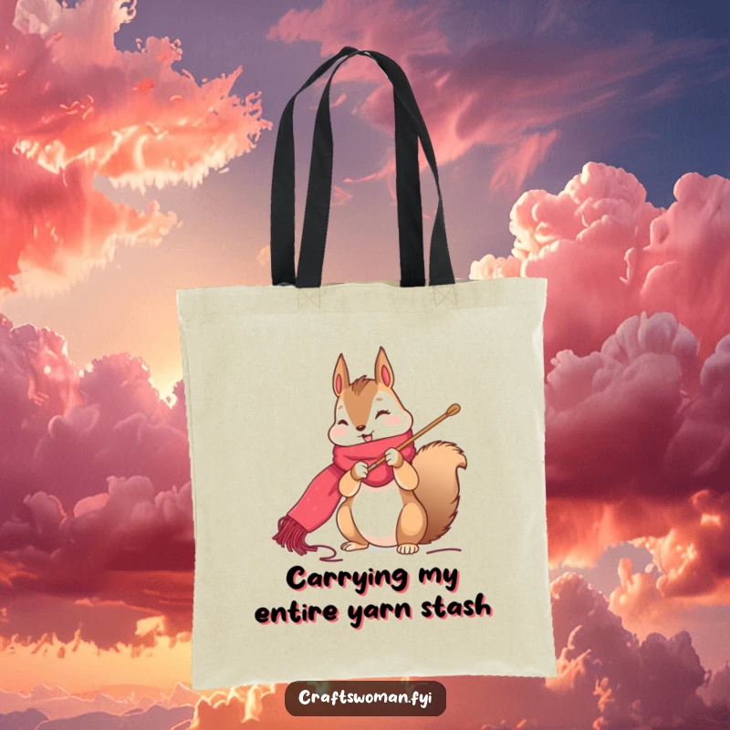 Funny squirrel tote bag depicting a cute character happily stitching a long, colorful scarf with a giant needle.