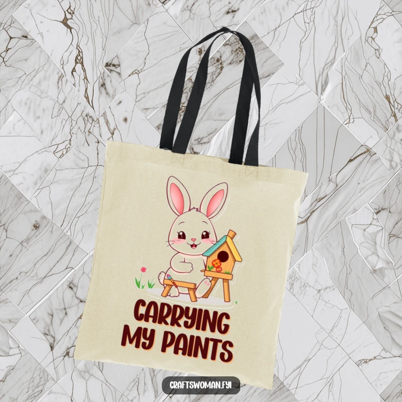 Funny happy rabbit painting a birdhouse with vibrant colors on a durable tote bag, a cheerful and creative accessory.