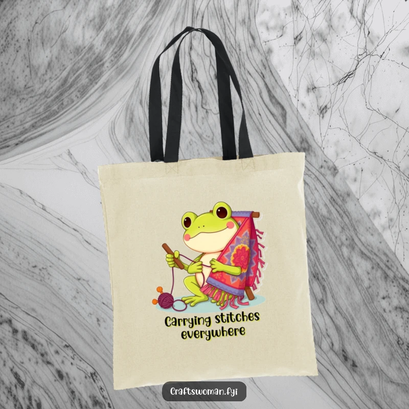 Funny Tote Bag: Cheerful frog character actively stitching a beautiful and colorful tapestry, ready for errands.