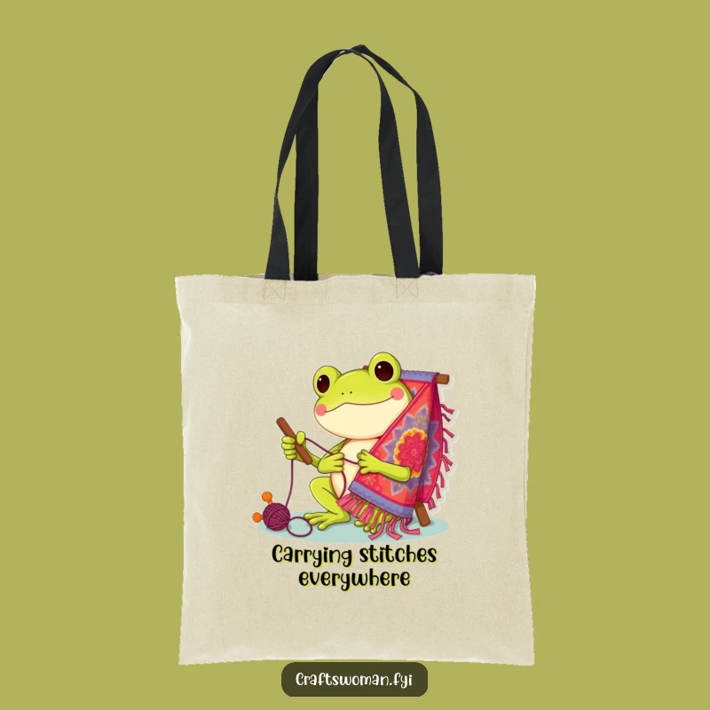 Funny Frog Stitcher Tote Bag: Cheerful Artist's Creation - Carry Your Crafts & Laughs