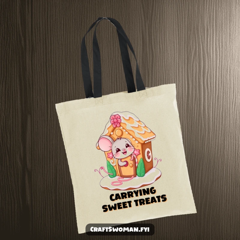 Funny mouse tote bag featuring a giggling character decorating a gingerbread house, perfect for carrying baking supplies with flair.